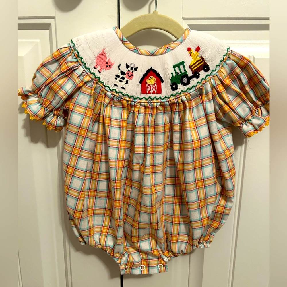 Stitchy fish baby girl smocked bubble - 12 months - “fun at the farm”